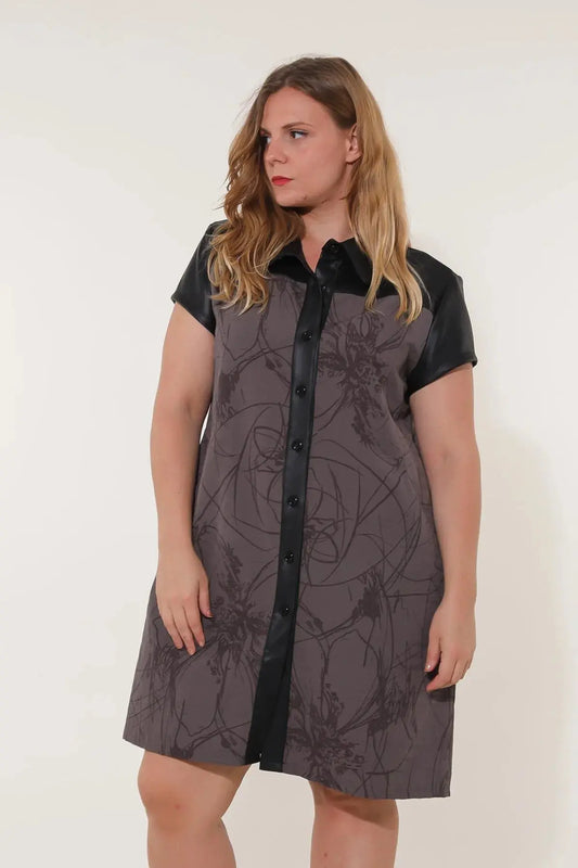Robe en Simili Cuir Bi matière - Noir - Chocolat Motif VETI STYLE