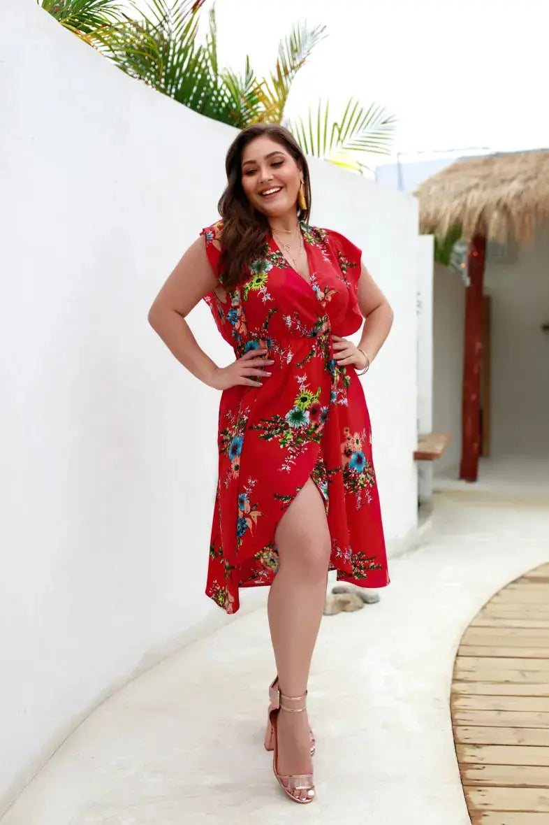 Robe Légère Rouge- Motifs Floral YOPHIY CURVES