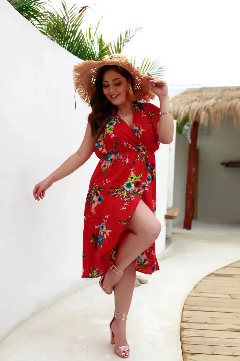 Robe Légère Rouge- Motifs Floral YOPHIY CURVES