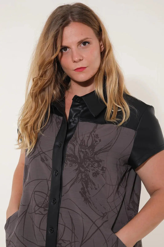 Robe en Simili Cuir Bi matière - Noir - Chocolat Motif VETI STYLE
