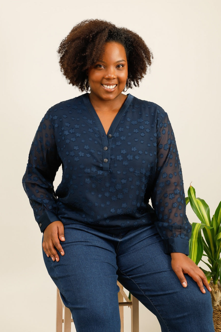 Chemise Bleu Marine Large - Manches Transparentes Motifs YOPHIY CURVES YOPHIY CURVES
